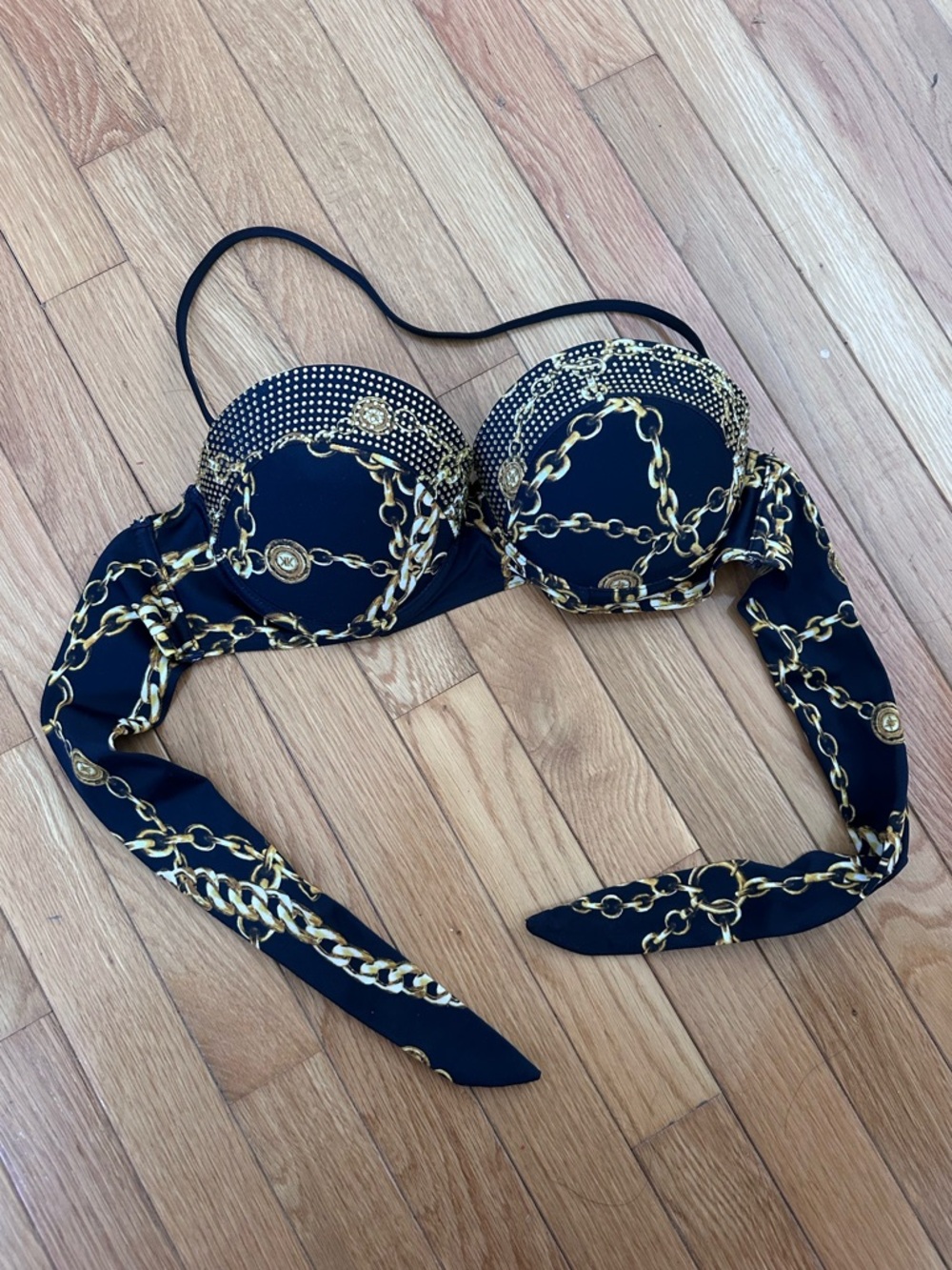Kardashian Kollection Black & Gold Chain Print Bikini Top Size Large